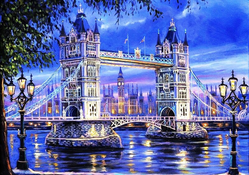 Tower Bridge at Night — Blue, Dramatic, Painting