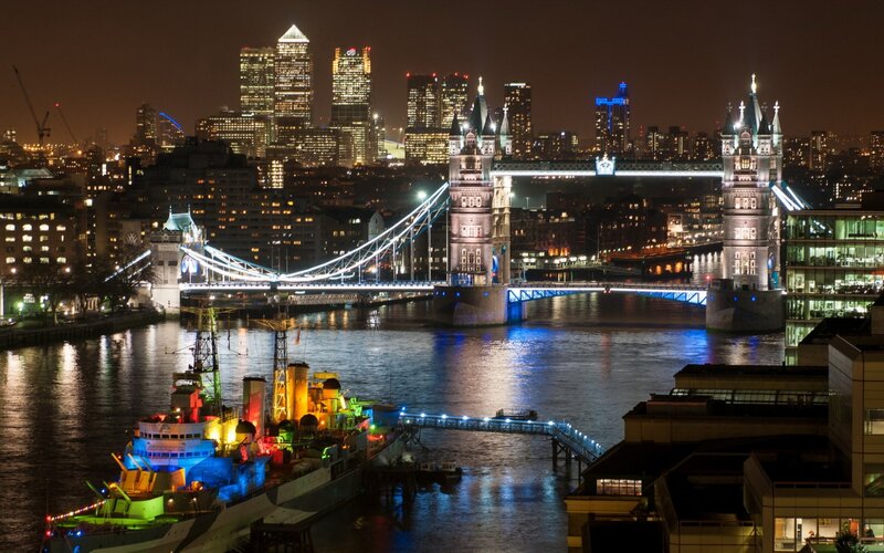 Tower Bridge at Night — Blue, Dramatic, Photograph, London Skyline, River Thames