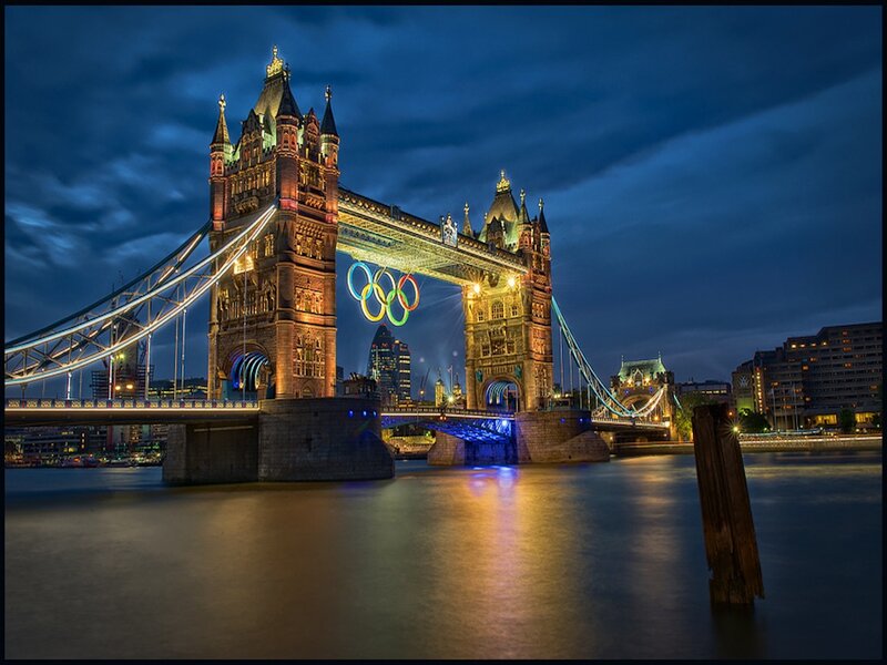 Tower Bridge at Night — Blue, Dramatic, Photograph, Olympic Rings