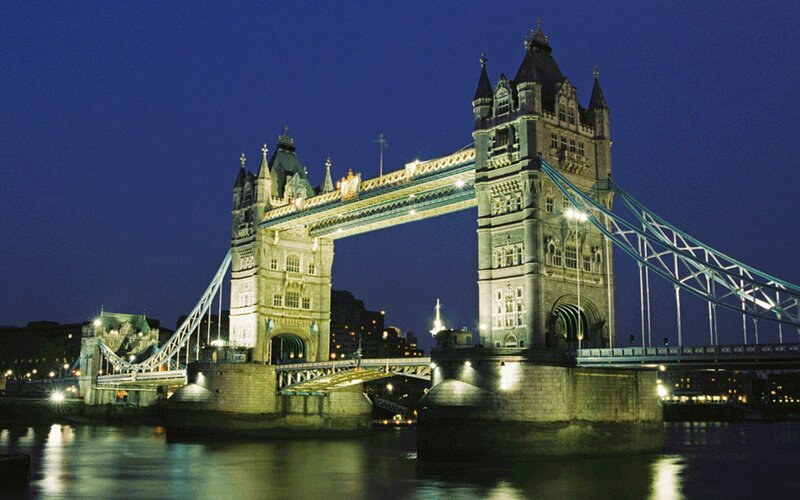 Tower Bridge at Night — Blue, Dramatic, Photograph, River, City Lights, Sky, Black