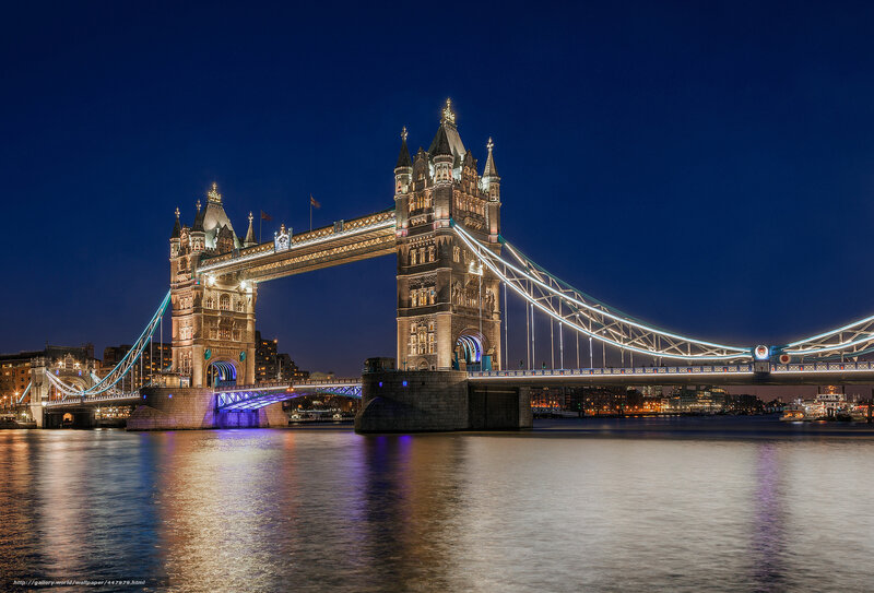 Tower Bridge at Night — Blue, Dramatic, Photograph, River, City Lights, Sky