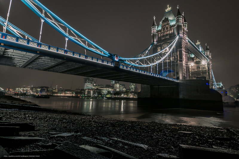 Tower Bridge at Night — Blue, Dramatic, Photograph, River, City Skyline, Rocks