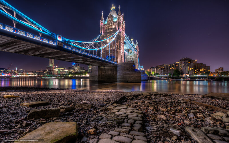 Tower Bridge at Night — Blue, Dramatic, Photograph, River, Cityscape, Rocks