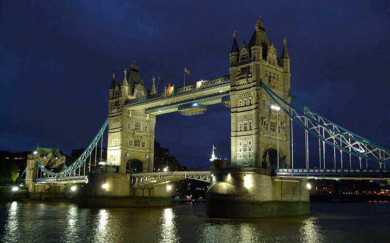 Tower Bridge at Night — Blue, Dramatic, Photograph, River, Sky, Buildings, Black