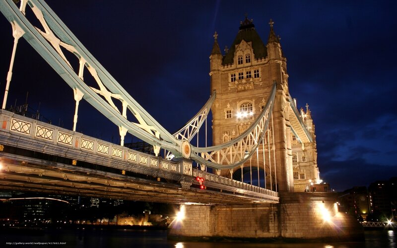 Tower Bridge at Night — Blue, Dramatic, Photograph, River, Sky, Buildings