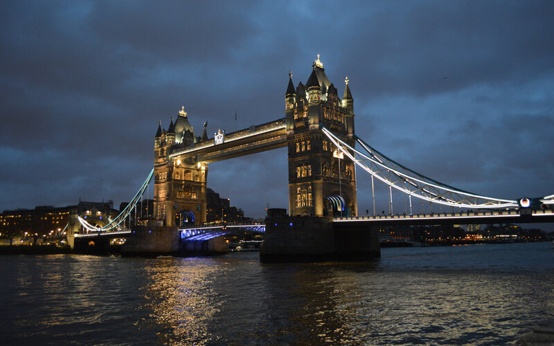 Tower Bridge at Night — Blue, Dramatic, Photograph, River, Sky
