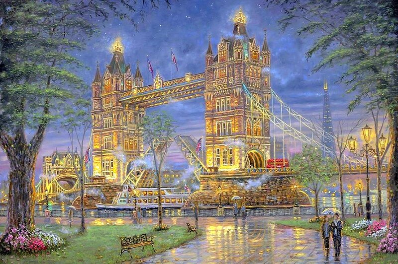 Tower Bridge at Night — Blue, Serene, Painting, River