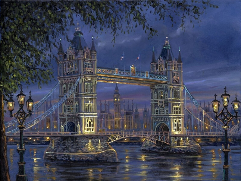 Tower Bridge at Night — Blue, Serene, Painting