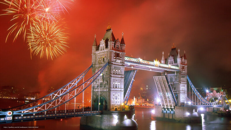 Tower Bridge at Night — Red, Celebratory, Photograph, Fireworks