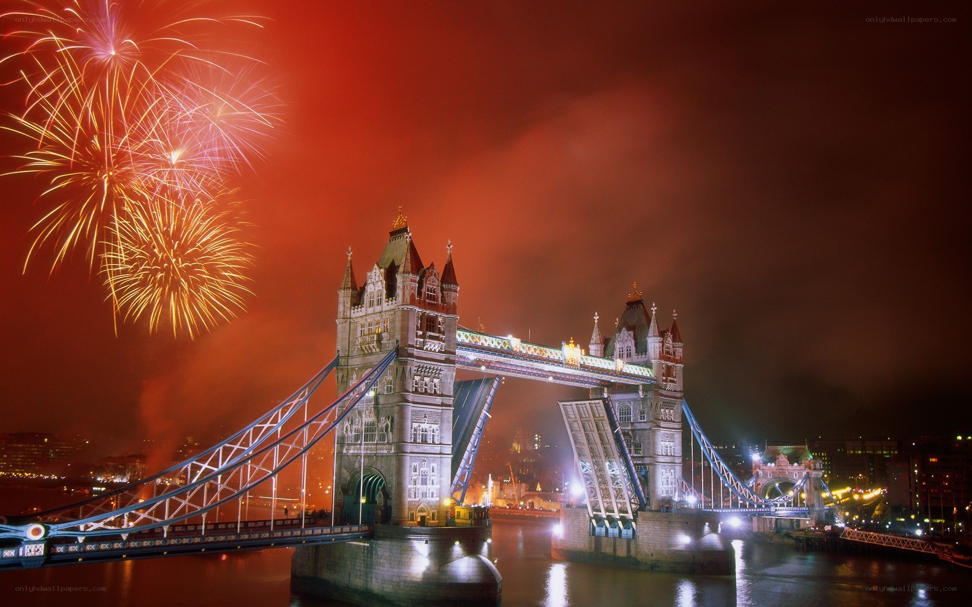 Tower Bridge at night with fireworks