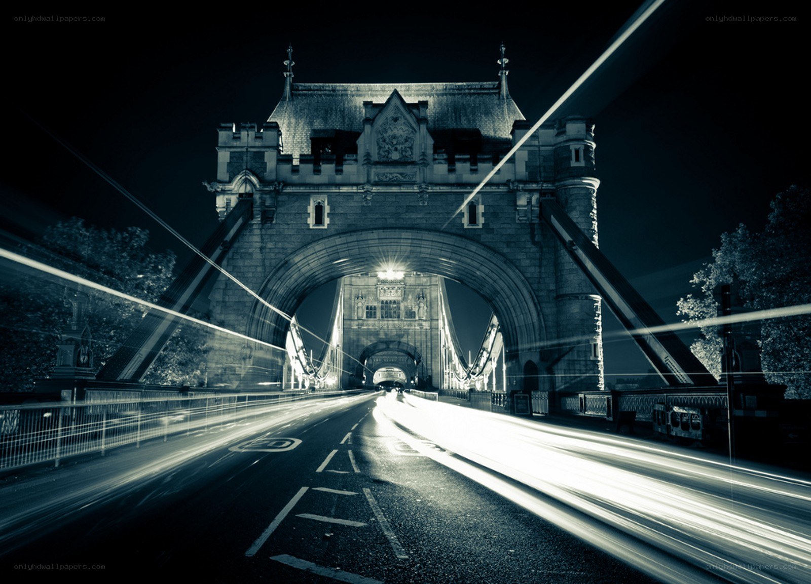 Tower Bridge at night with light trails