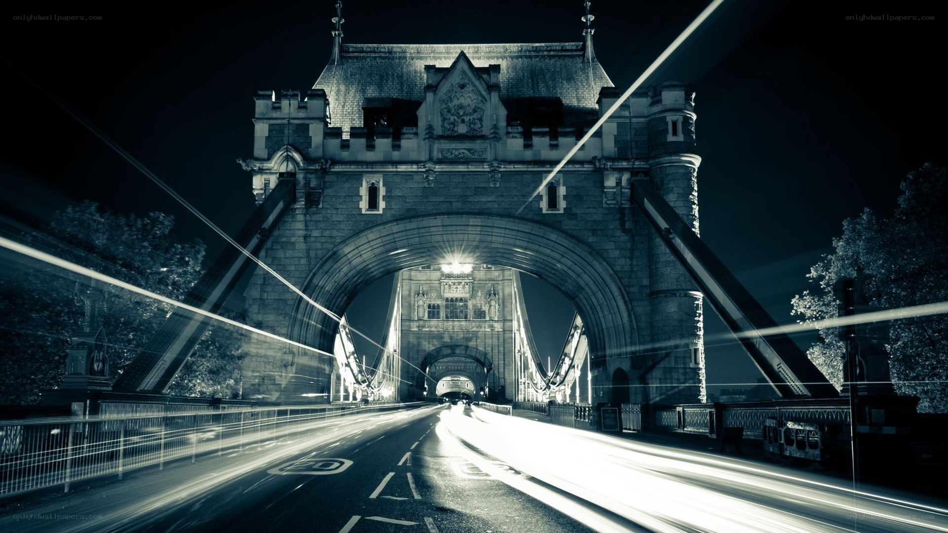 Tower Bridge at night with light trails
