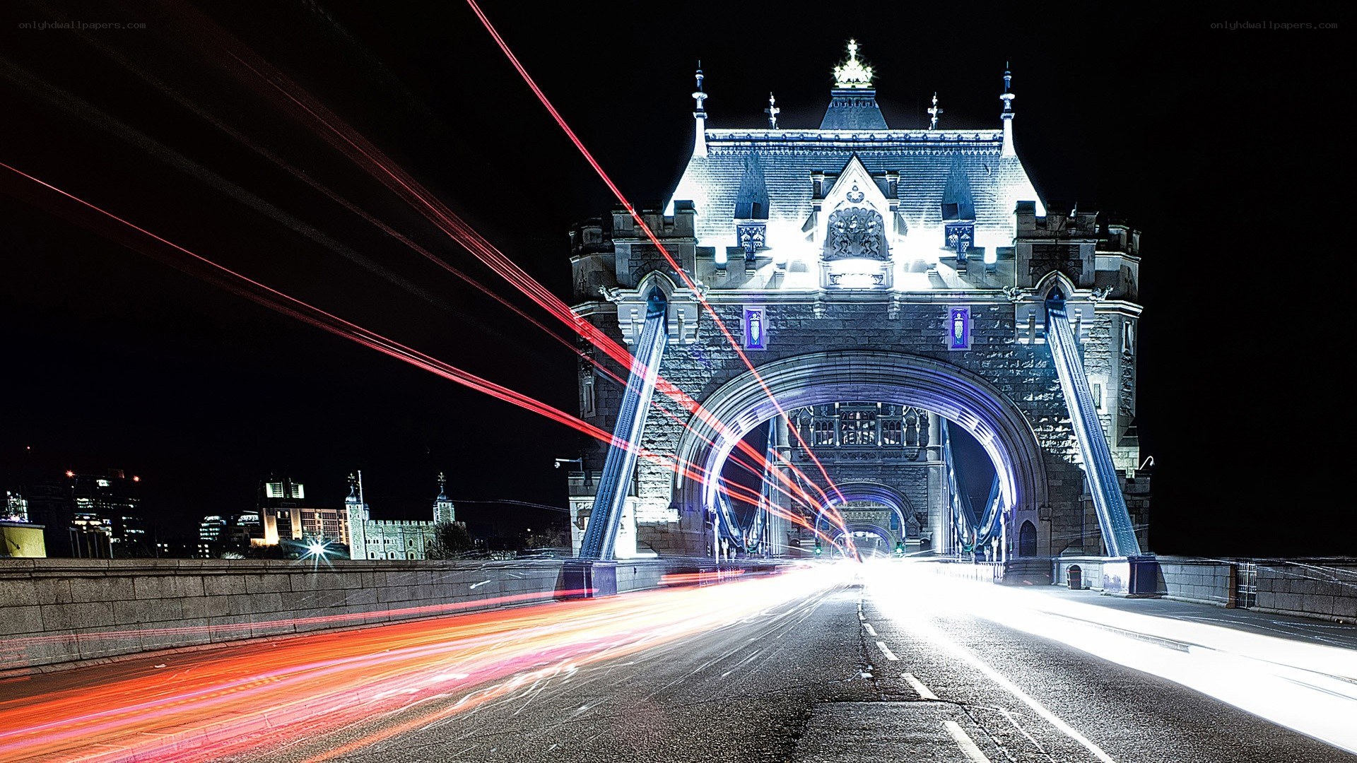 Tower Bridge at night with light trails
