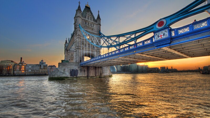 Tower Bridge at Sunset — Blue, Dramatic, Photograph, River, Cityscape, Sky, Orange
