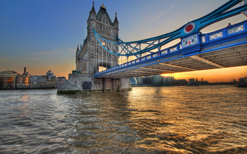 Tower Bridge at Sunset — Blue, Dramatic, Photograph, River, Sky, Buildings