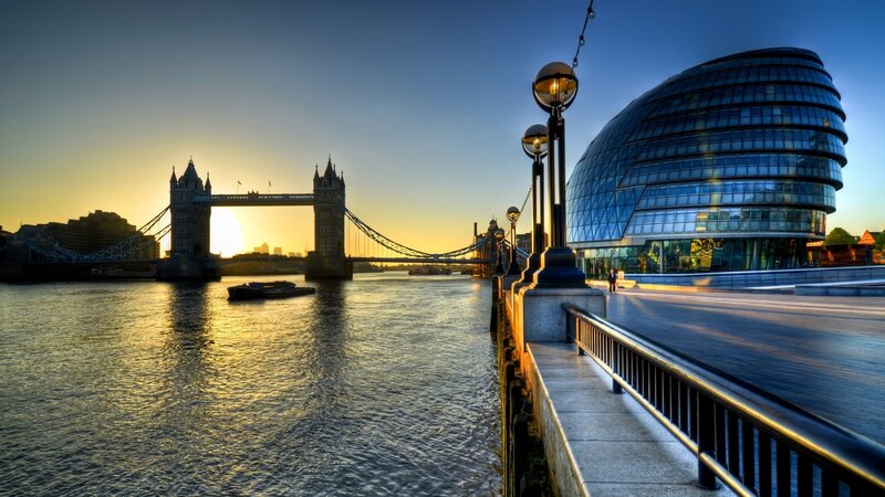 Tower Bridge at Sunset — Blue, Serene, Photograph, River, City Hall Building