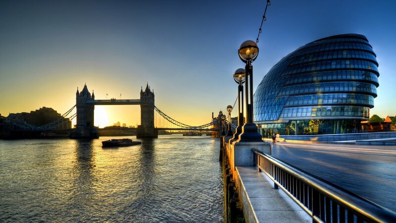 Tower Bridge at Sunset — Blue, Serene, Photograph, River, Modern Building, Streetlights