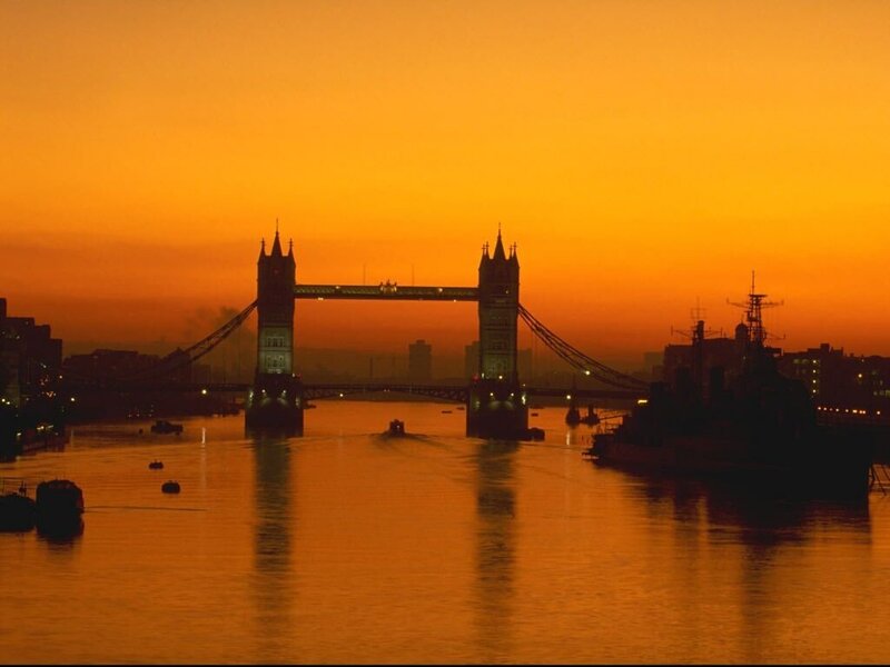 Tower Bridge at Sunset — Orange, Dramatic, Photograph, River, Ships