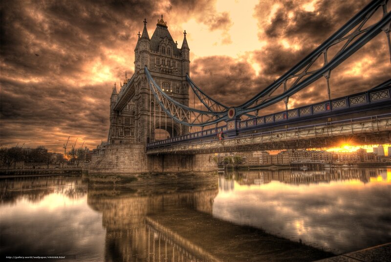 Tower Bridge at Sunset — Orange, Dramatic, Photograph, River, Sky, Buildings, Sun