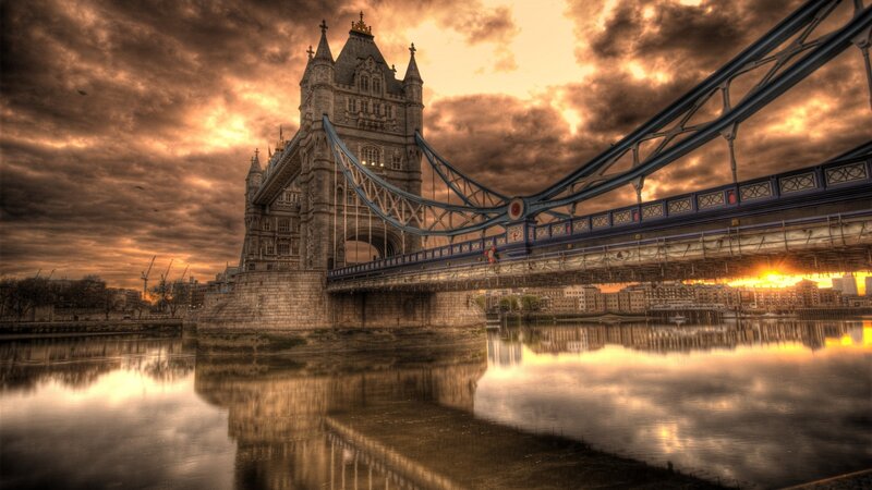Tower Bridge at Sunset — Orange, Dramatic, Photograph, River, Sky, Buildings