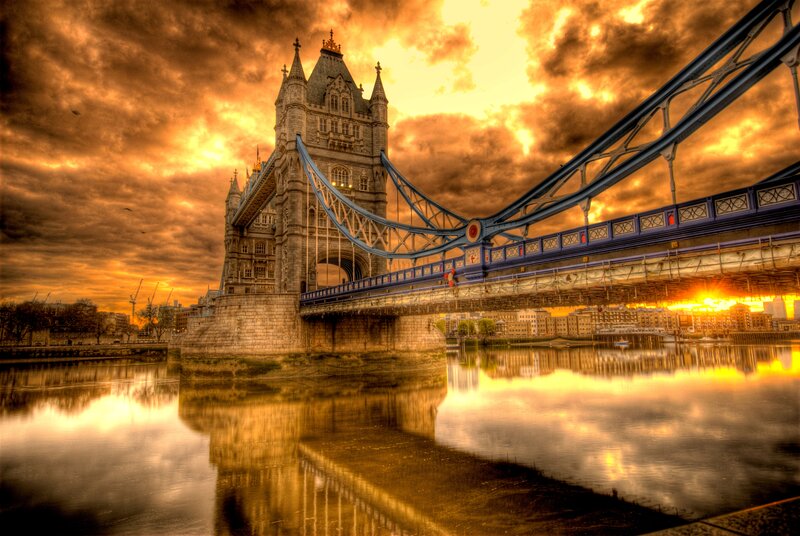 Tower Bridge at Sunset — Orange, Dramatic, Photograph, River, Sky