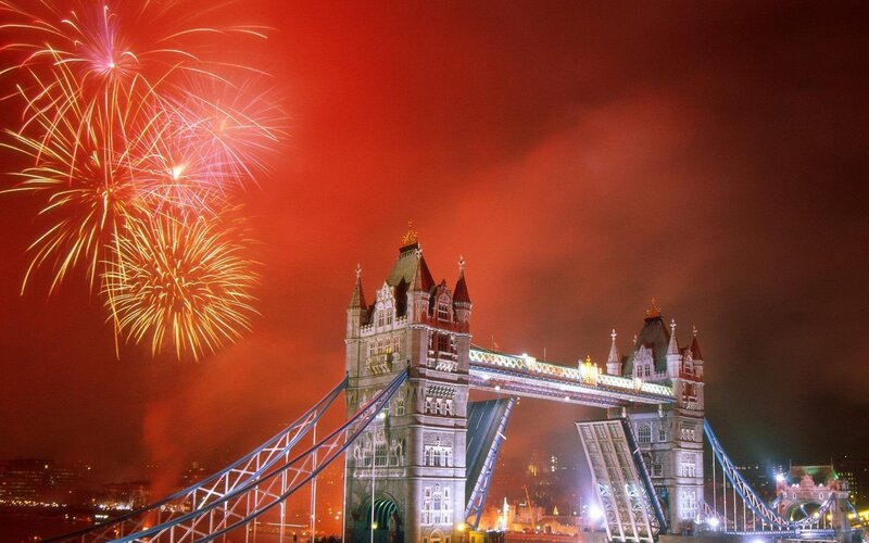 Tower Bridge Fireworks — Red, Celebratory, Night, Photograph, Night Sky