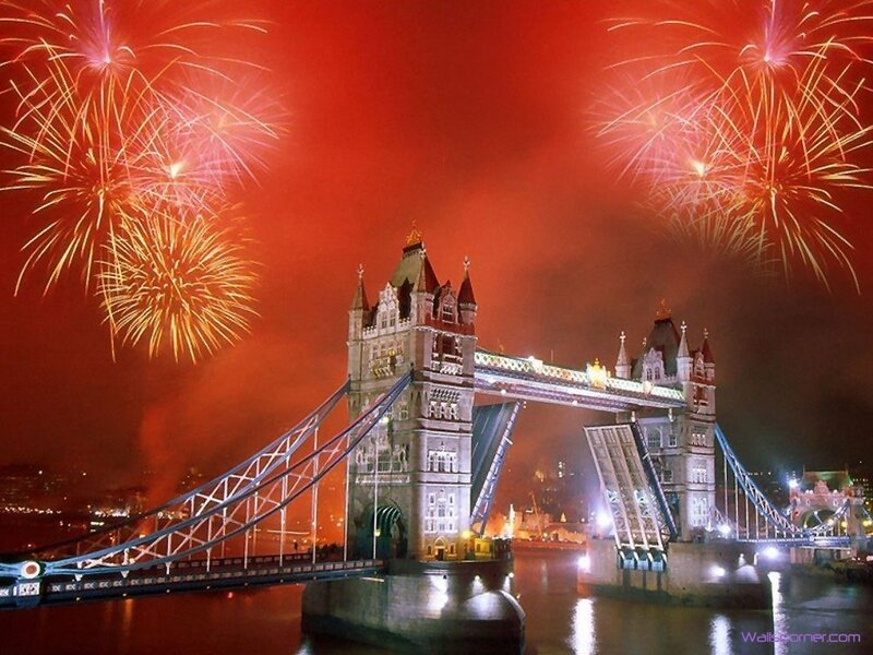 Tower Bridge Fireworks — Red, Celebratory, Night