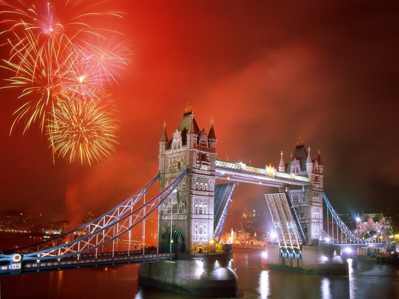 Tower Bridge Fireworks — Red, Dramatic