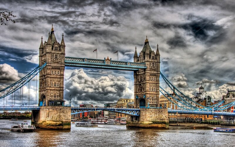 Tower Bridge in London — Blue, Dramatic, Afternoon, Photograph, River Thames, Boats