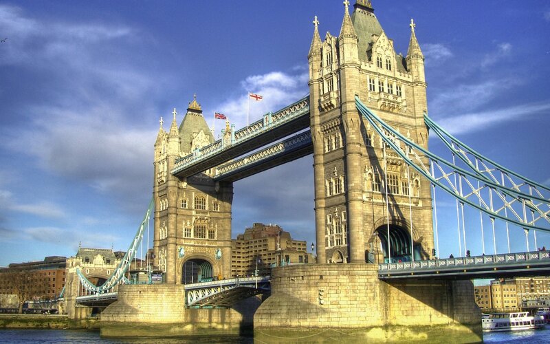 Tower Bridge in London — Blue, Dramatic, Afternoon, Photograph, River Thames, Buildings