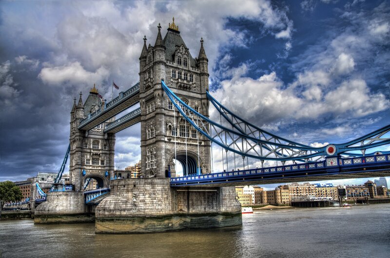 Tower Bridge in London — Blue, Dramatic, Afternoon, Photograph, River Thames, Clouds