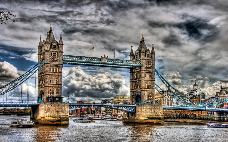 Tower Bridge in London — Blue, Dramatic, Afternoon, Photograph, River Thames
