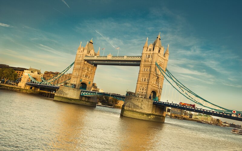 Tower Bridge in London — Blue, Dramatic, Sunset, Photograph, River Thames