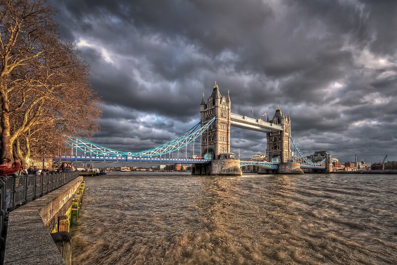 Tower Bridge in London — Gray, Dramatic, Afternoon, Photograph
