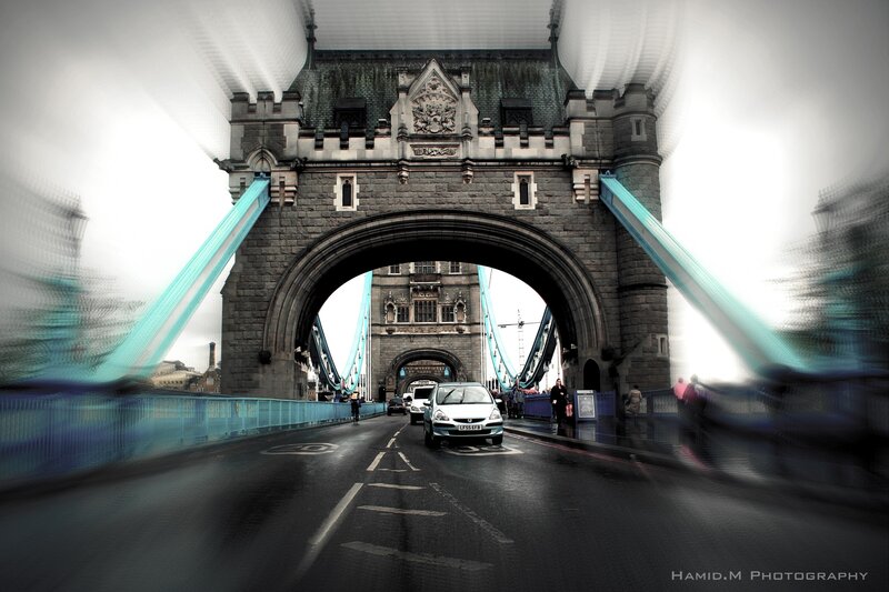Tower Bridge in London — Gray, Dramatic, Photograph, Car