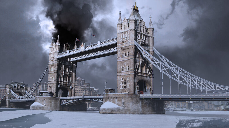 Tower Bridge in winter storm