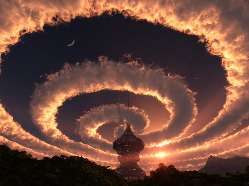 Tower in Spiral Clouds