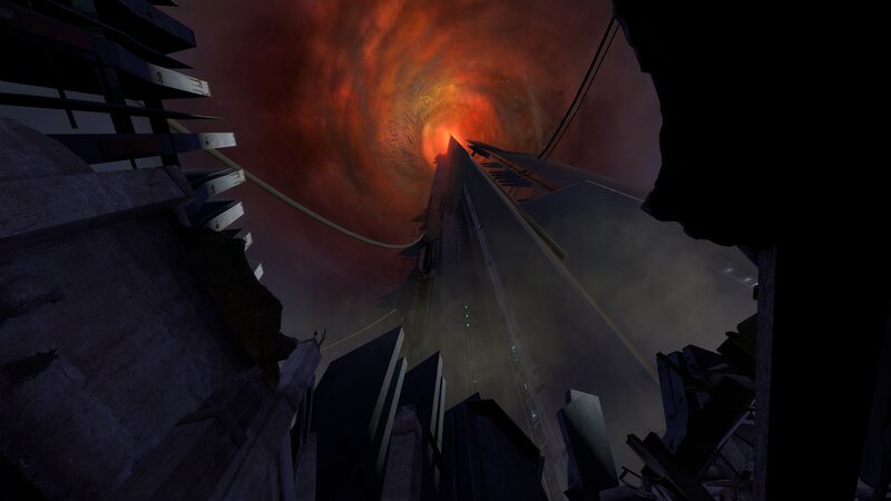 tower leading to fiery vortex
