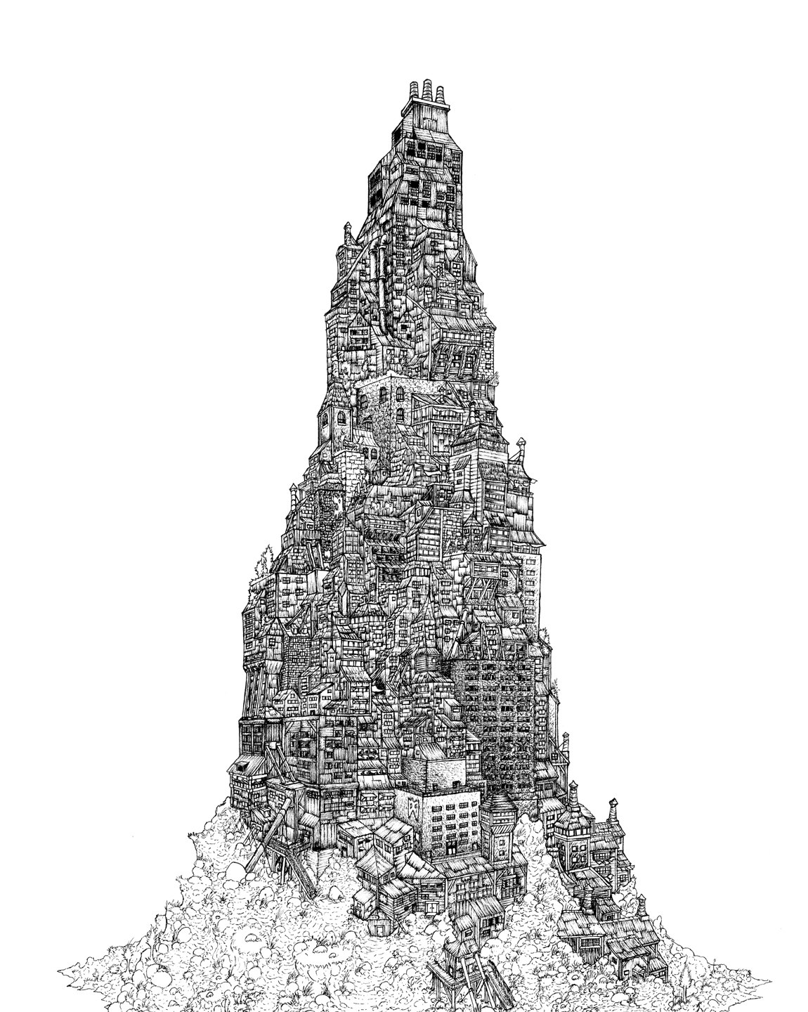 tower of densely packed buildings