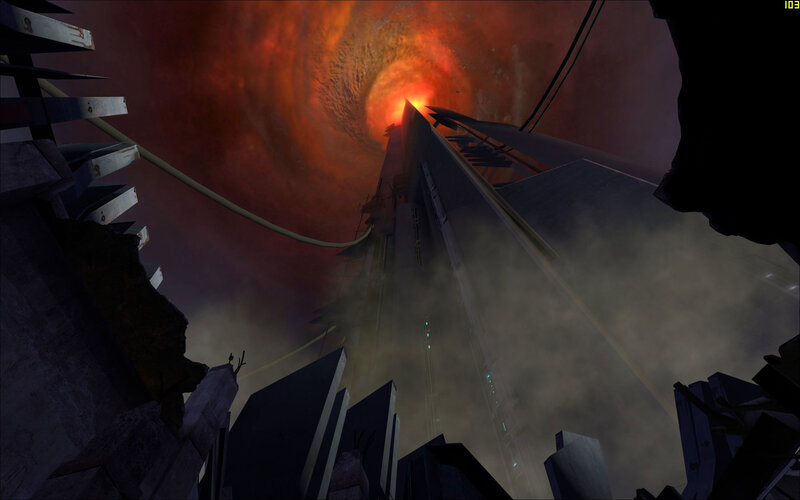 tower reaching a fiery vortex