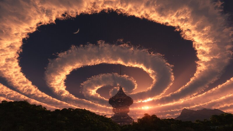 Tower under Spiral Clouds