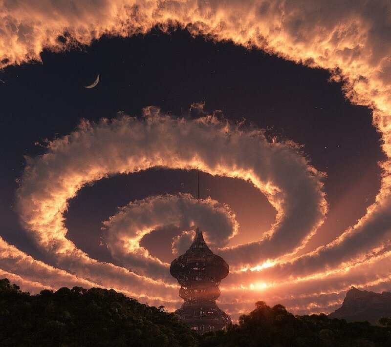 Tower with Spiral Clouds