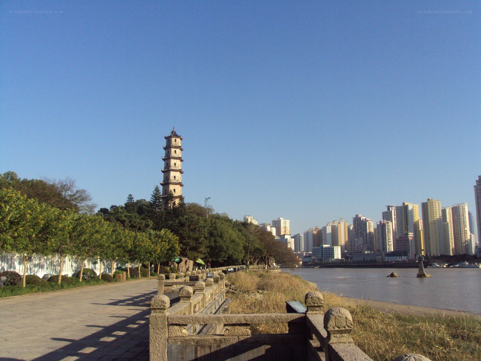Towering pagoda by the river