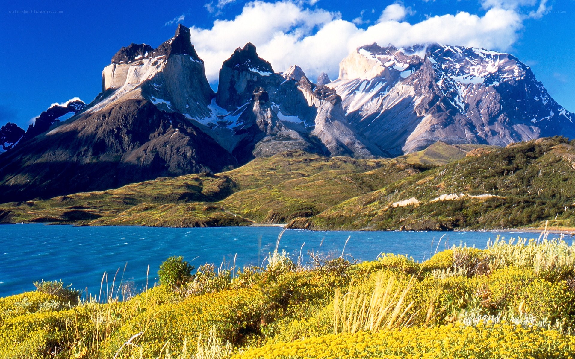 Towering peaks over a blue lake