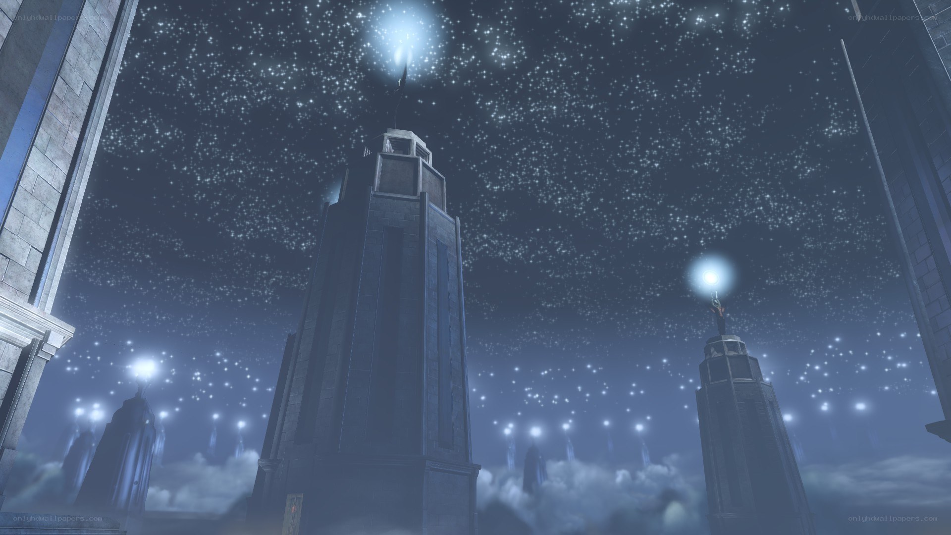 towering spires under starry sky