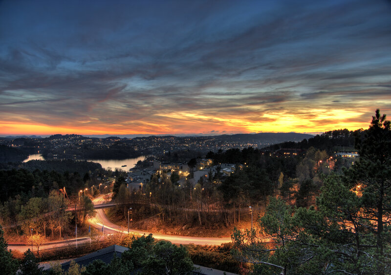 Town at Dusk by Lake