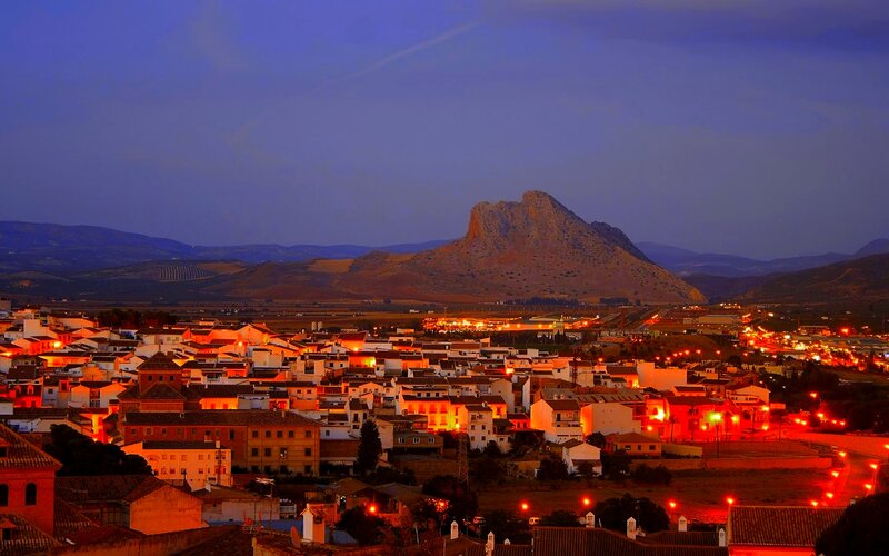 Town at Dusk with Mountain — Blue