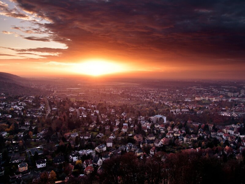Town at Sunset — Orange, Dramatic, Photograph, Sun