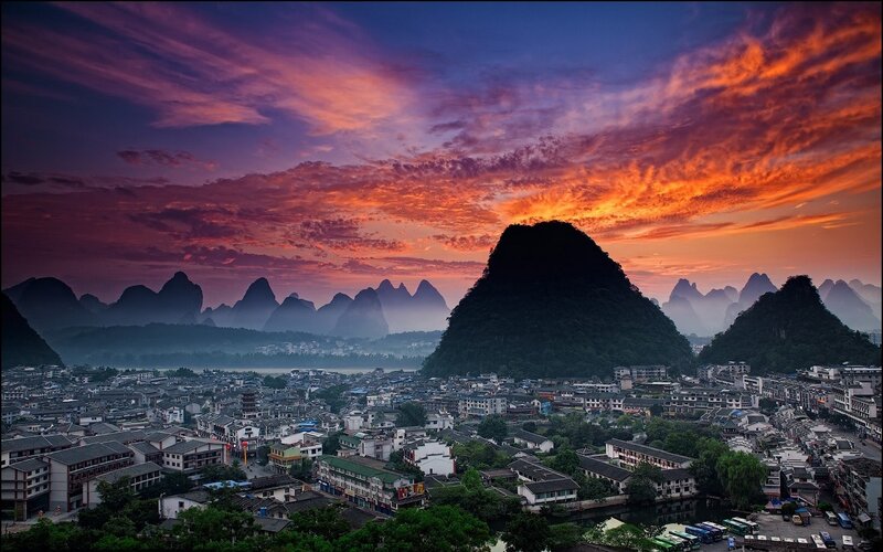 Town at Sunset — Purple, Dramatic