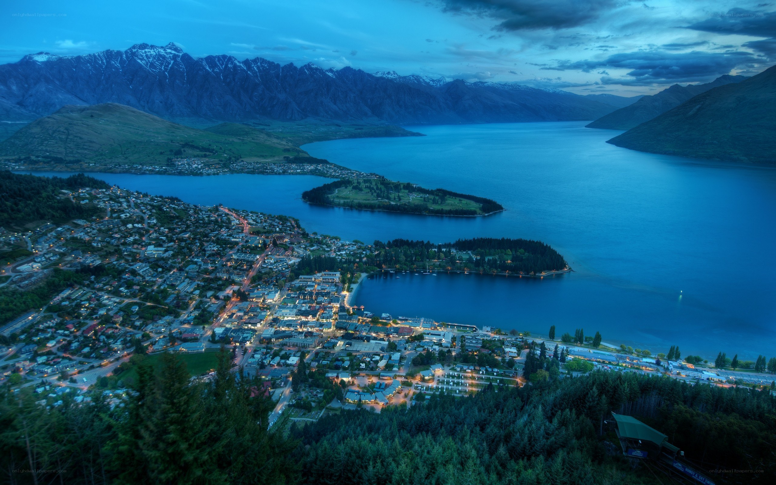 Town by a lake at dusk